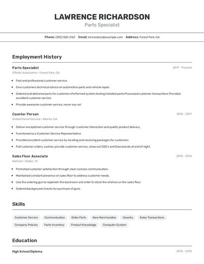 Parts Specialist Resume