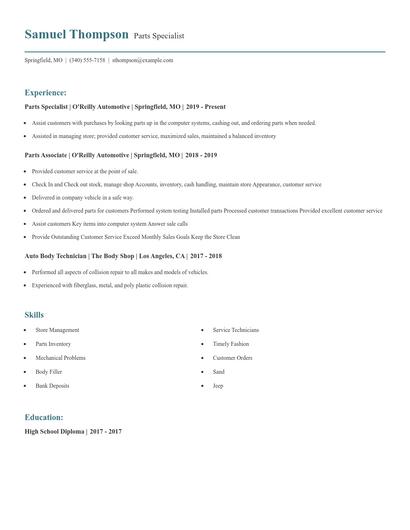 Parts Specialist Resume