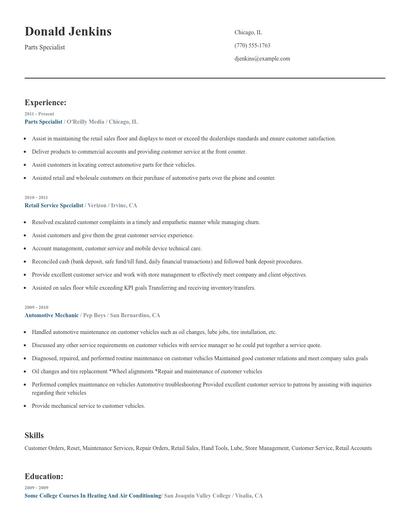 Parts Specialist Resume