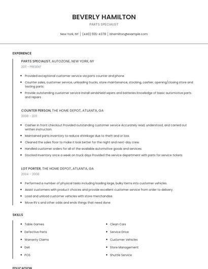 Parts Specialist Resume