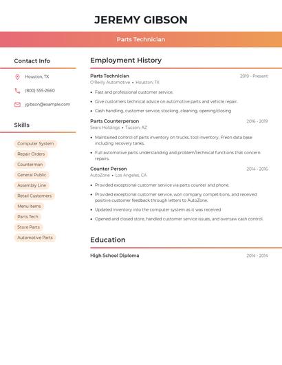 Parts Technician Resume