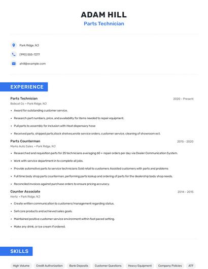 Parts Technician Resume