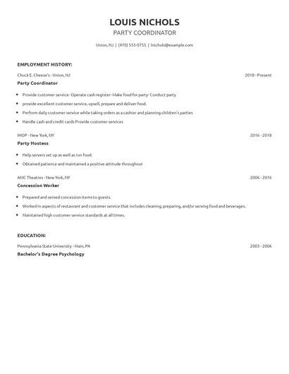 Party Coordinator Resume