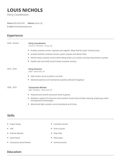 Party Coordinator Resume