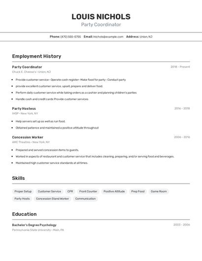 Party Coordinator Resume