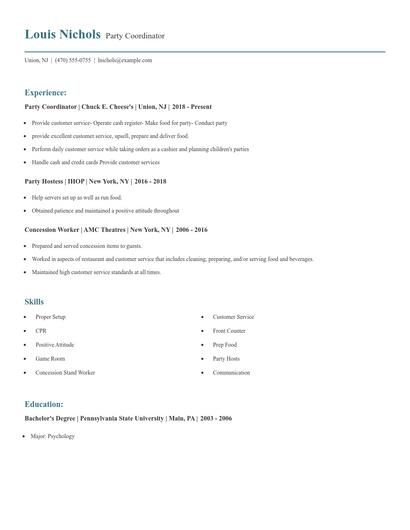 Party Coordinator Resume