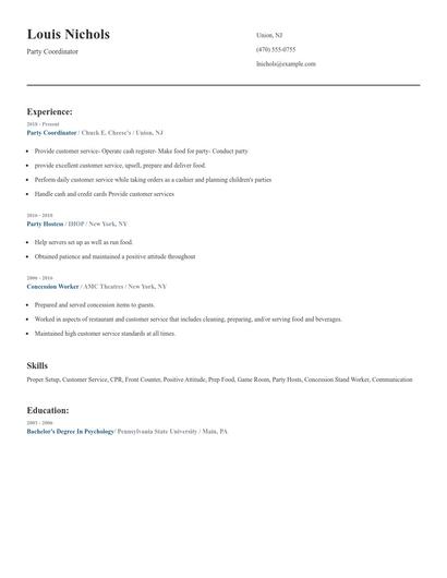 Party Coordinator Resume