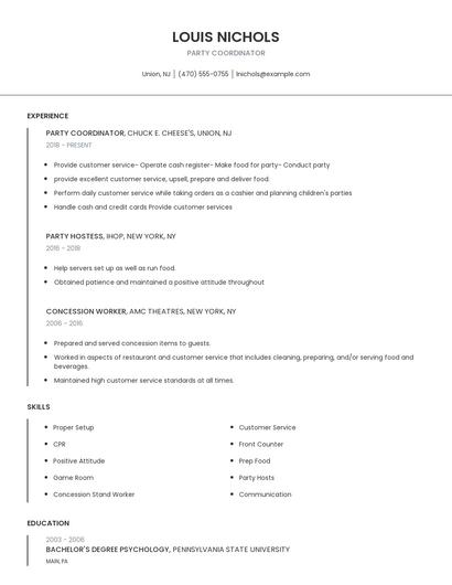 Party Coordinator Resume
