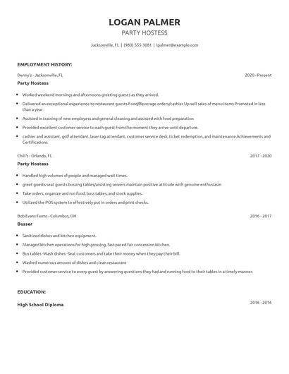 Party Hostess Resume