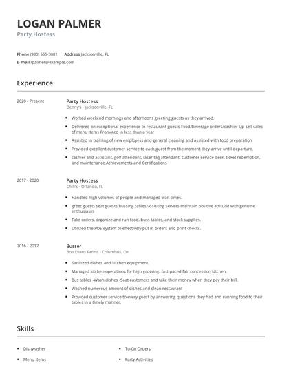 Party Hostess Resume