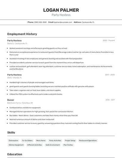 Party Hostess Resume