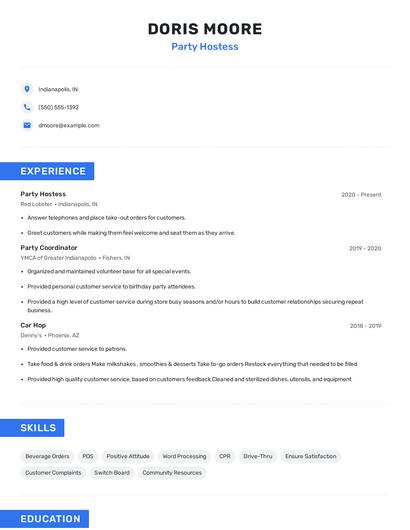 Party Hostess Resume