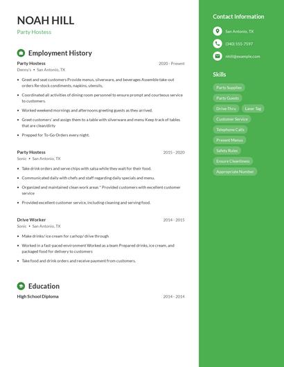 Party Hostess Resume