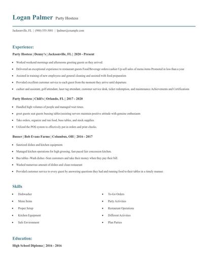 Party Hostess Resume