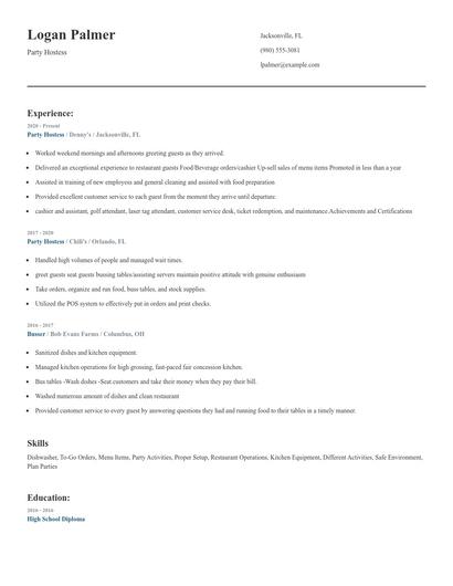 Party Hostess Resume