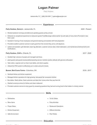 Party Hostess Resume