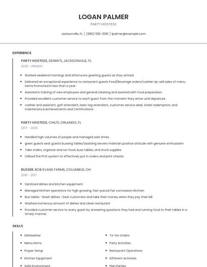Party Hostess Resume
