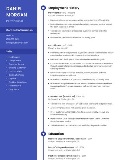 Party Planner Resume
