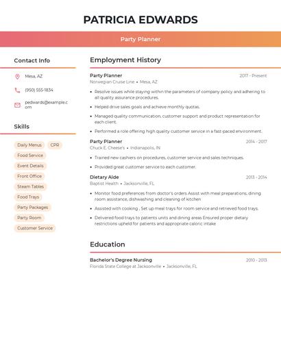 Party Planner Resume