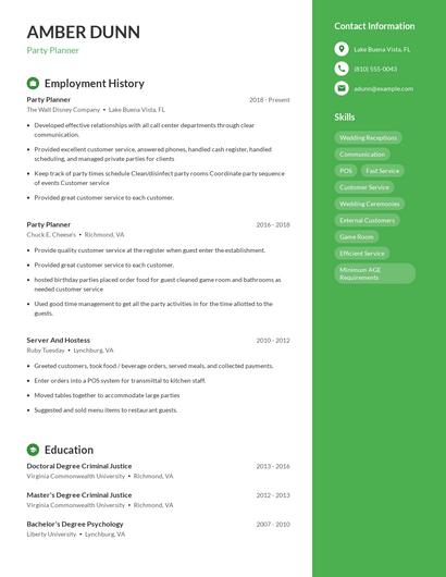 Party Planner Resume