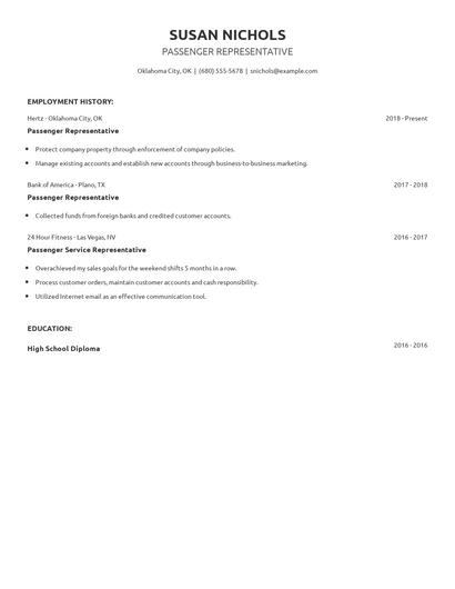 Passenger Representative Resume