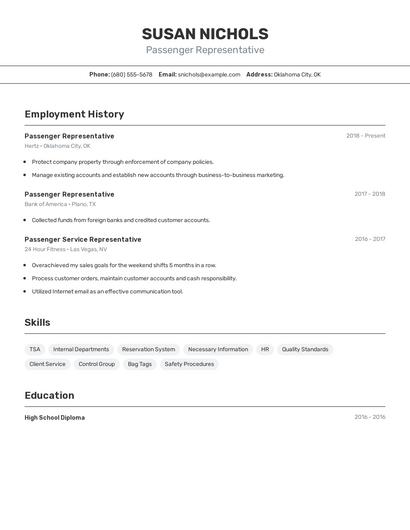 Passenger Representative Resume