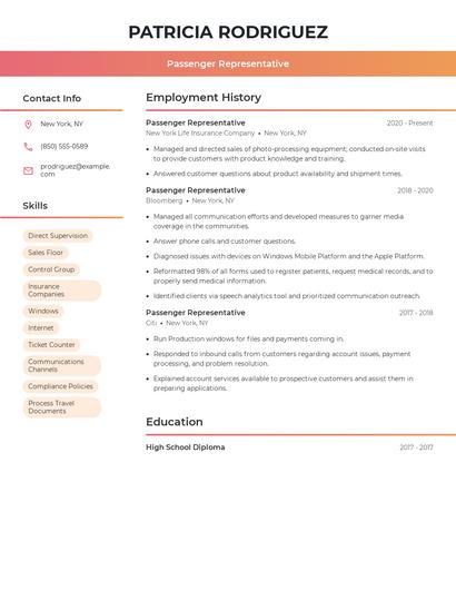 Passenger Representative Resume