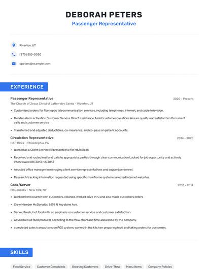 Passenger Representative Resume