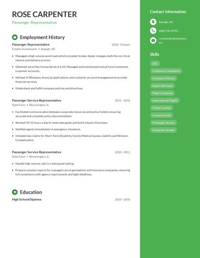 Passenger Representative Resume