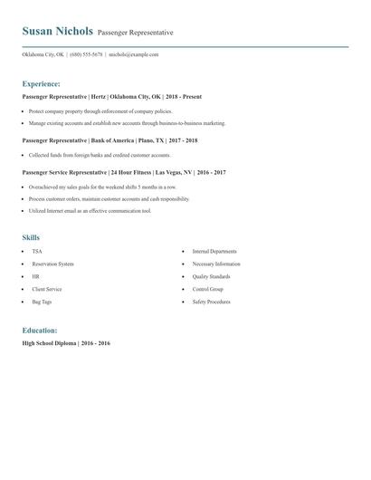 Passenger Representative Resume