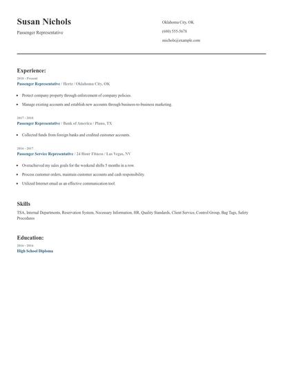 Passenger Representative Resume
