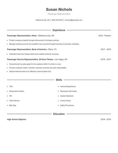 Passenger Representative Resume