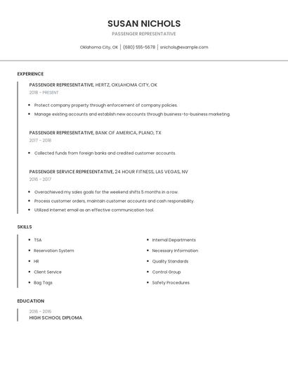 Passenger Representative Resume