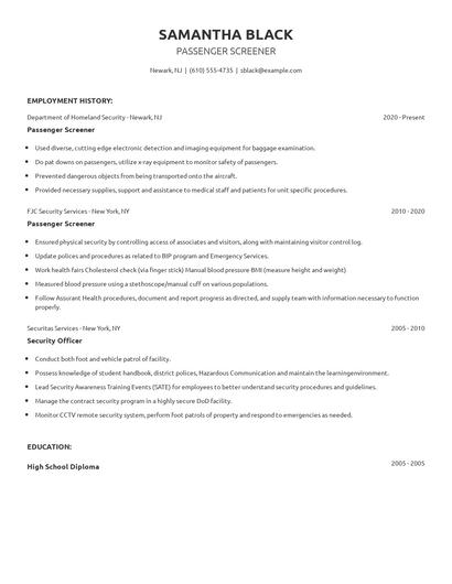 Passenger Screener Resume