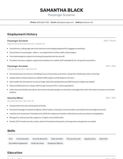 Passenger Screener Resume