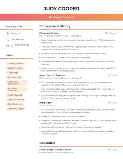 Passenger Screener Resume