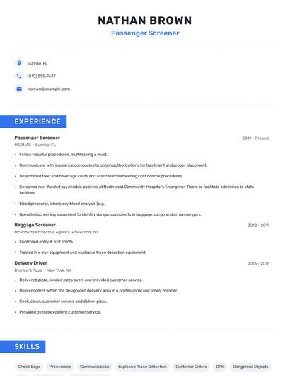 Passenger Screener Resume