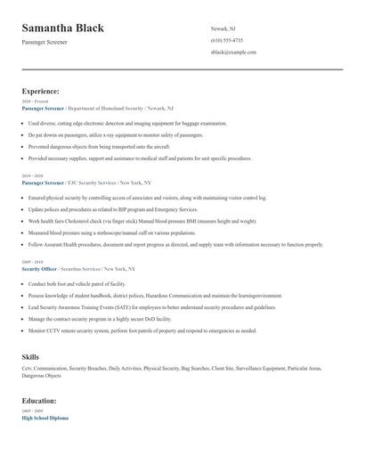 Passenger Screener Resume