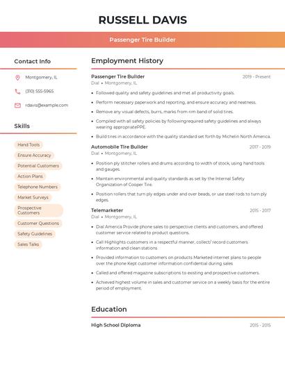 Passenger Tire Builder Resume