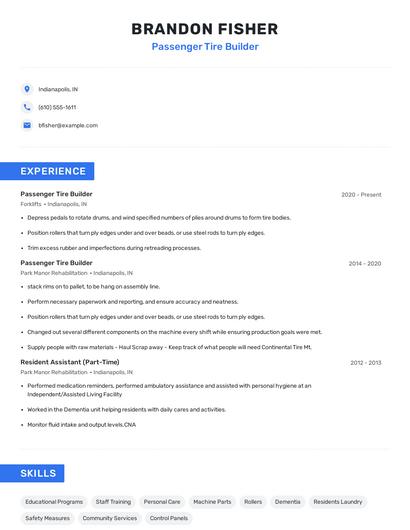 Passenger Tire Builder Resume