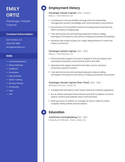Passenger Vessels Captain Resume