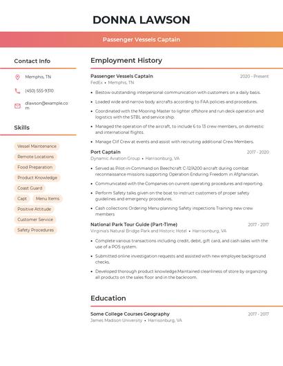 Passenger Vessels Captain Resume