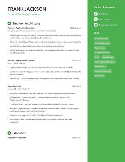 Passport Application Examiner Resume