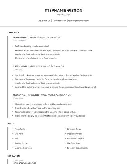 Pasta Maker Resume
