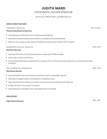 Pasteurizing Machine Operator Resume