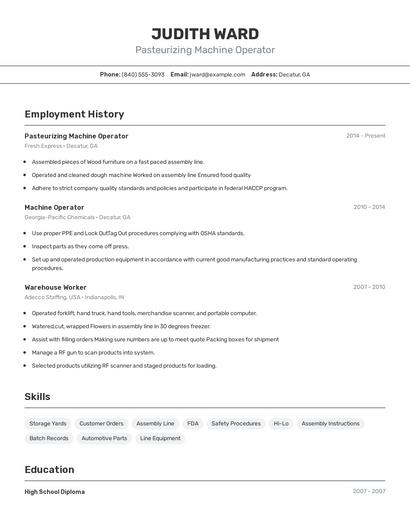 Pasteurizing Machine Operator Resume