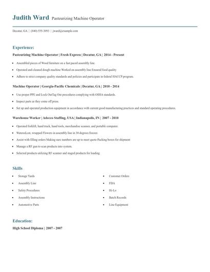 Pasteurizing Machine Operator Resume