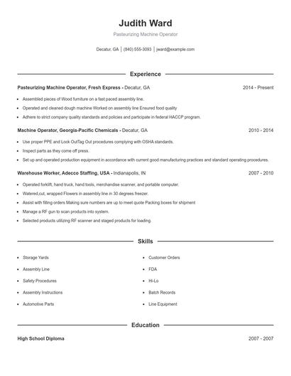 Pasteurizing Machine Operator Resume
