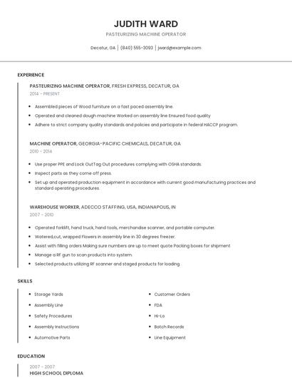 Pasteurizing Machine Operator Resume