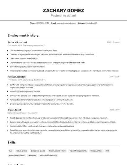 Pastoral Assistant Resume
